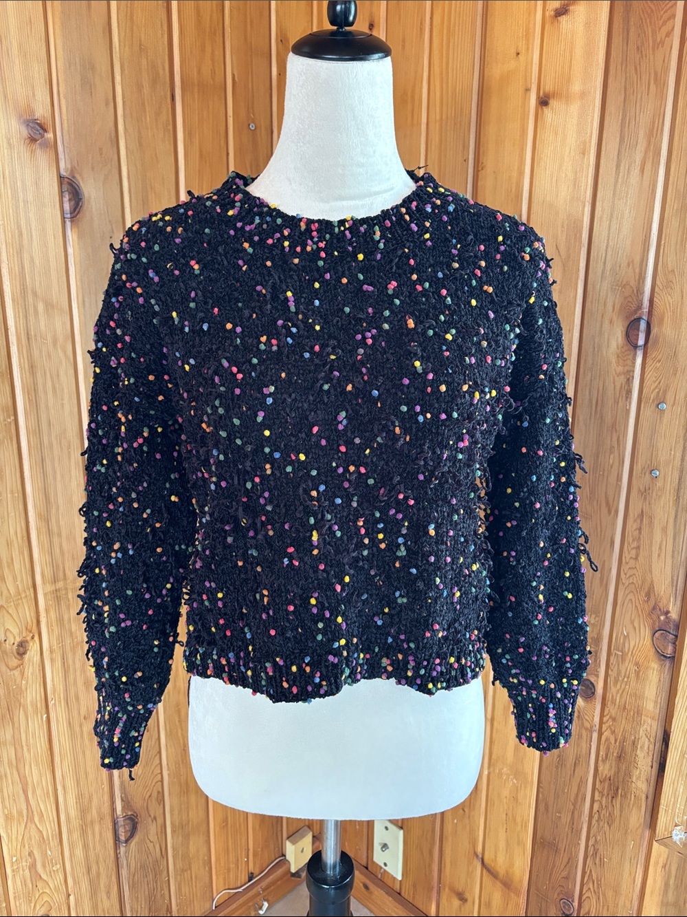 Ellison Black Crewneck Sweater with Multicolor Confetti Dots